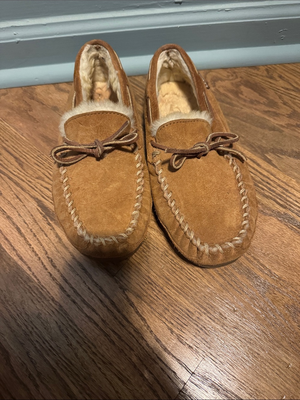 L.L. Bean Chestnut Suede Moccasin Slippers with Shearling